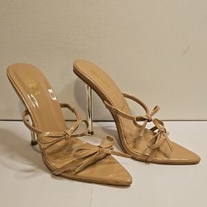 Miss Lola Nude Heeled Bow Sandals, Size 6